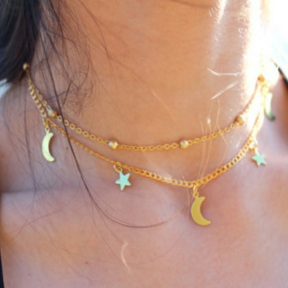 Double layer Gold Moon & Stars choker necklace - Picture 5 of 5